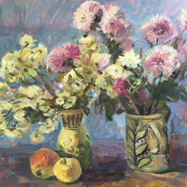 Pink flowers on blue background