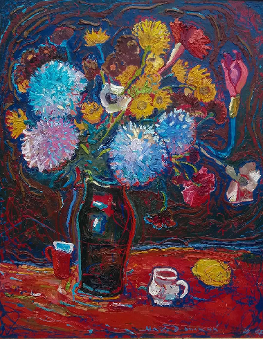 Flowers in a black jug