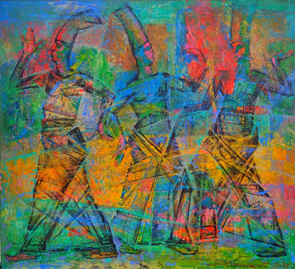 Three figures in motion