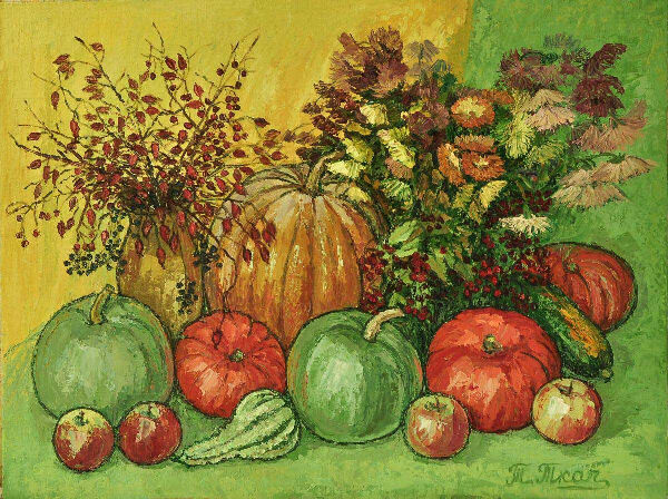 Pumpkins and flowers