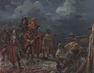 Гетьман Петро Конашевич Сагайдачний та полковник Михайло Дорошенко перед Арбатськими воротами Москви, 1618 рік.