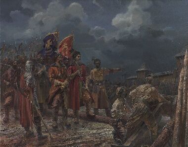 Гетман Петр Конашевич Сагайдачный и полковник Михаил Дорошенко перед Арбатскими воротами Москвы, 1618 год.