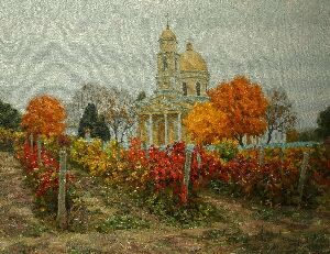 Crimson autumn in Nagorny. Church of St. Nicholas