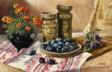 Still Life With Marigolds And Plums