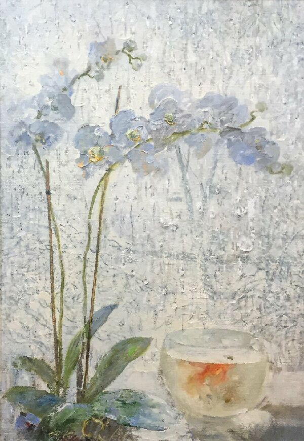 Первый снег за окном. Орхидеи