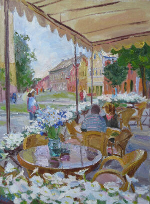 Кафе з білими петуніями