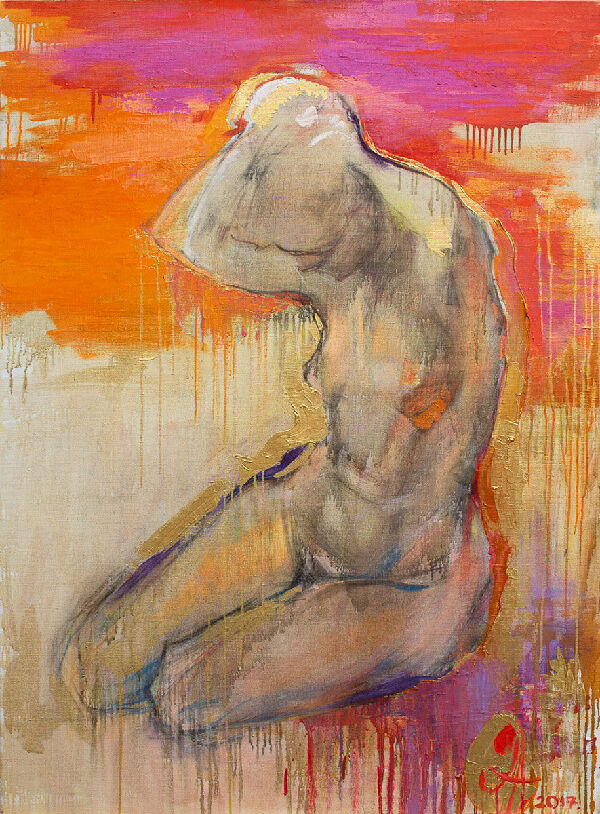 Оголена на червоному фоні